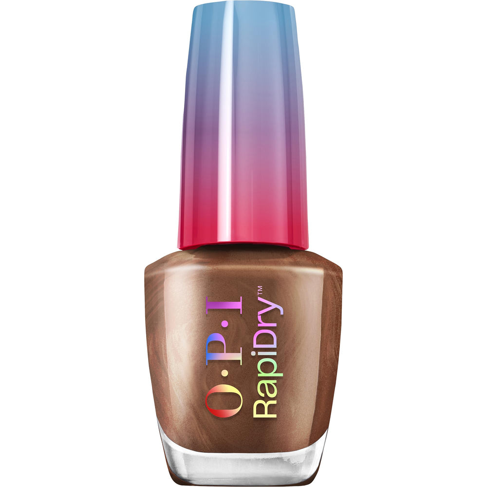 OPI bottle front packaging showing deep brown shade and shimmer benefit fast-dry color