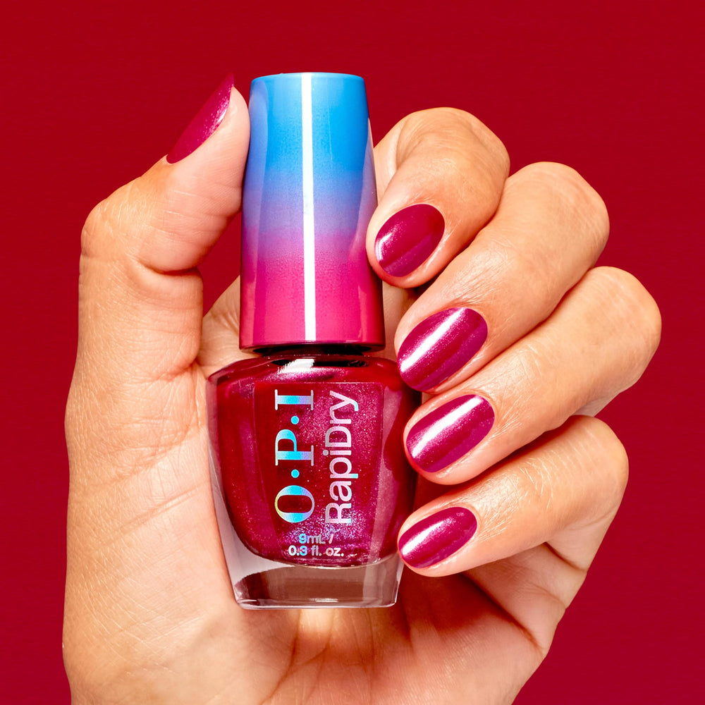 OPI RapiDry texture close-up highlighting bright red shimmer and glossy finish
