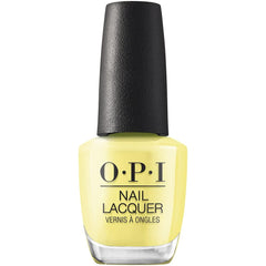 OPI front bottle view showing vivid yellow crème and glossy finish benefit