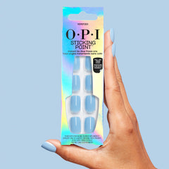 OPI nails styled with spring outfit showcasing Verified blue complementing casual looks