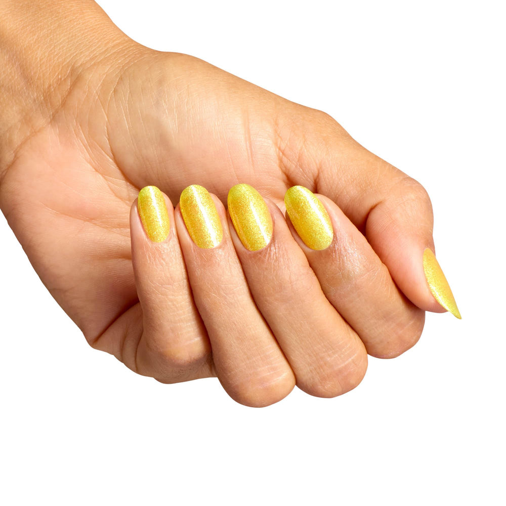 OPI nail-wheel swatches demonstrating opaque lemon coverage and shimmer