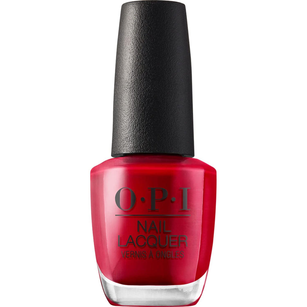 OPI bottle front view showing vibrant red-orange shade and glossy finish benefit