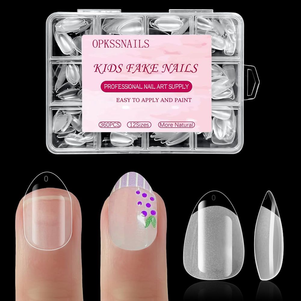 OPkssnails front packaging showing 360-piece kid nail tips for easy storage