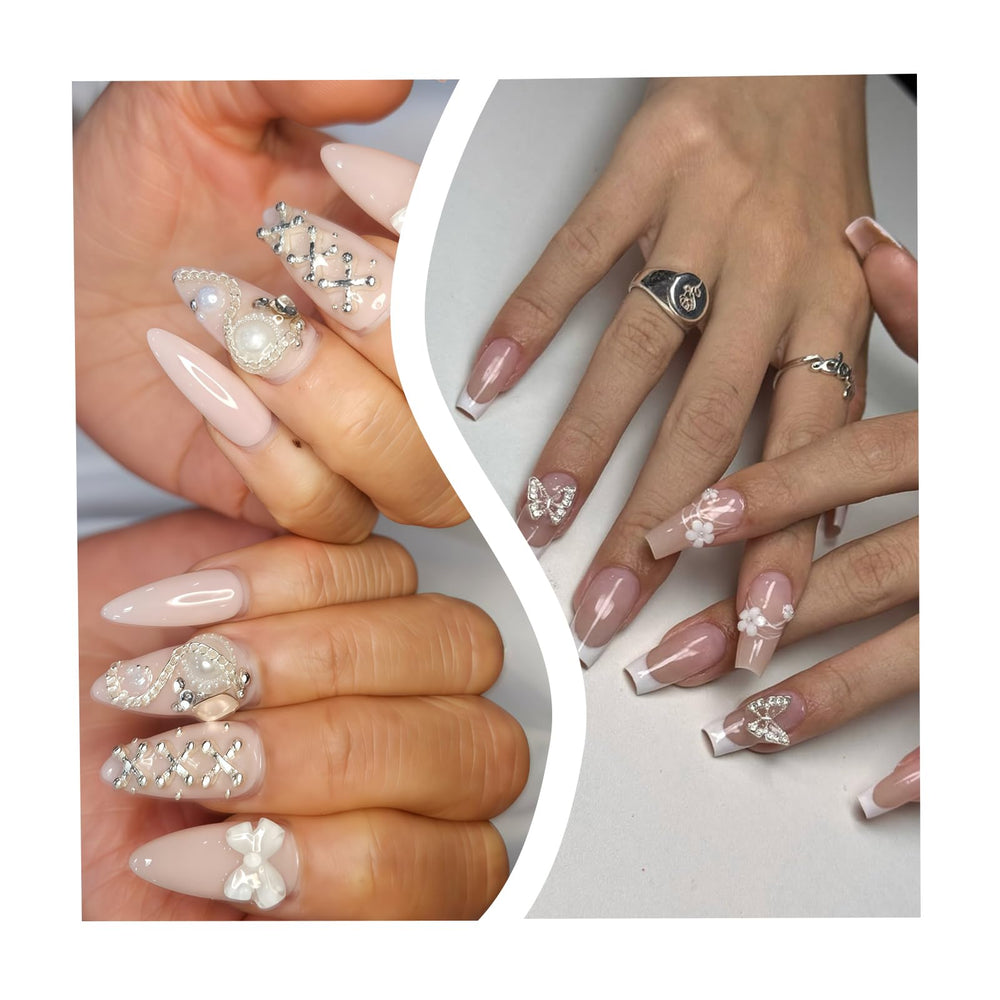 OPMADM silver charm placed on gel nail demonstrating polished finished look