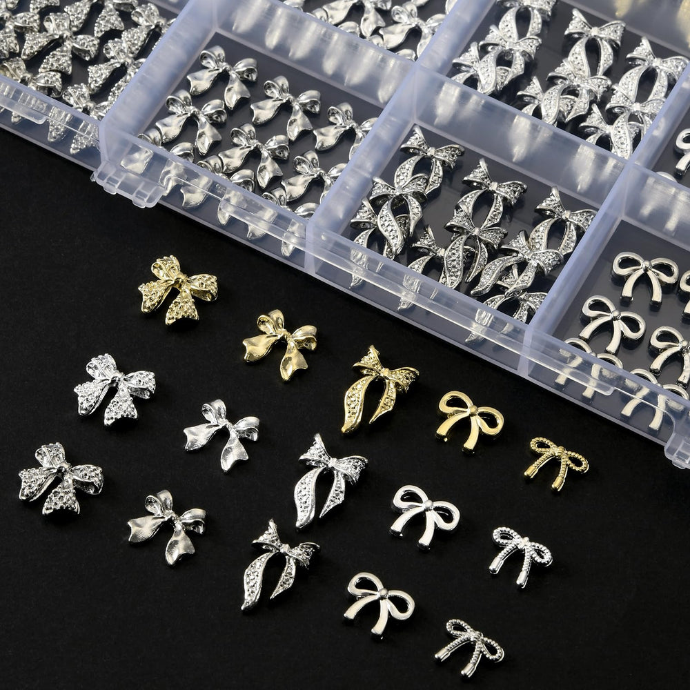 OPMADM flat lay showing five distinct bow styles for creative nail design options