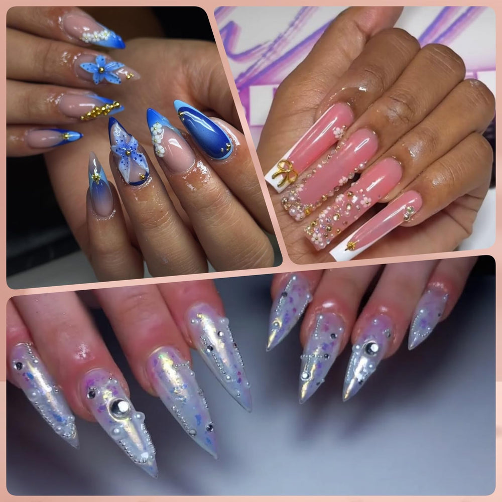 OPMADM beads applied on manicured nails demonstrating professional-looking sparkle