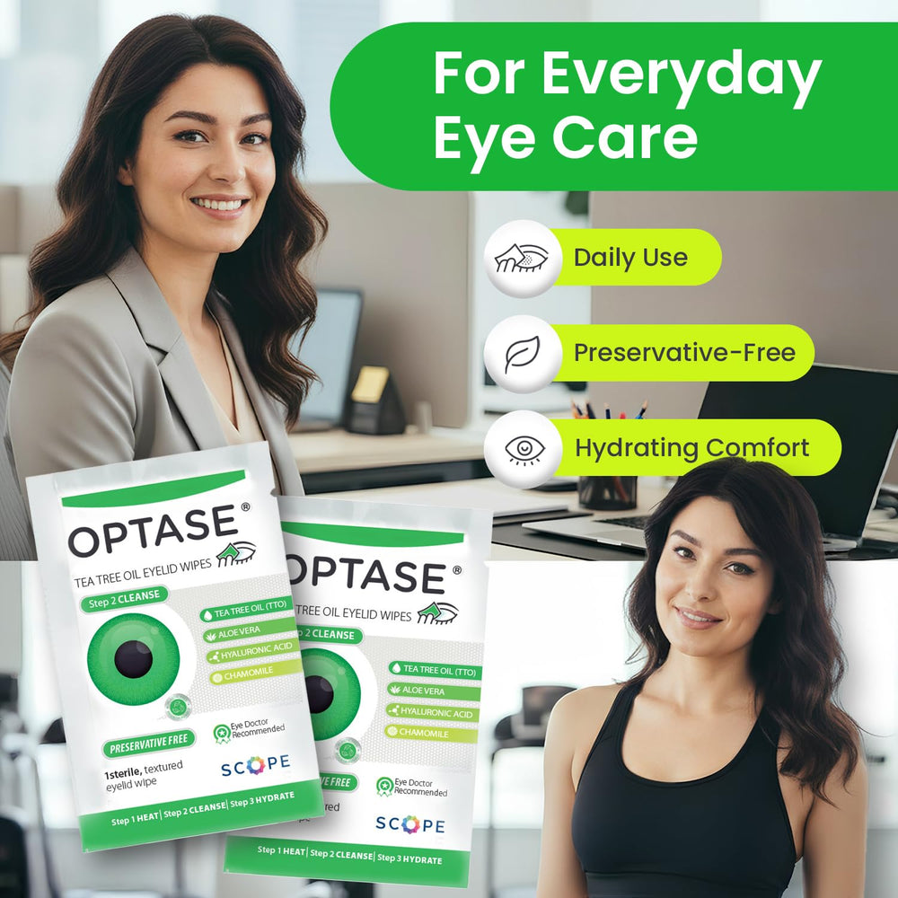 Optase wipe being used to cleanse eyelid demonstrating safe application benefit gentle care