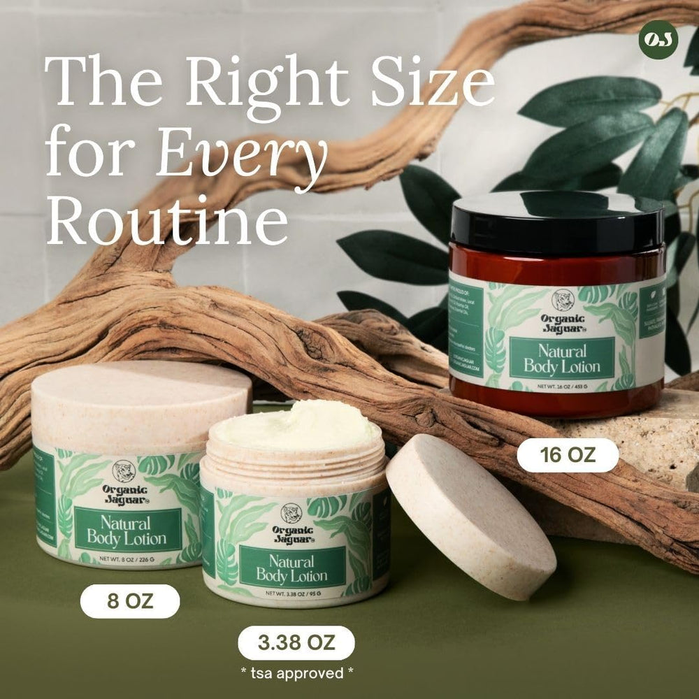 Organic Jaguar lotion on bathroom shelf conveying sustainable packaging benefits