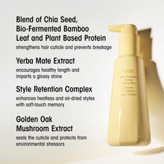 ORIBE product being applied to dry hair demonstrating frizz control and soft finish benefit