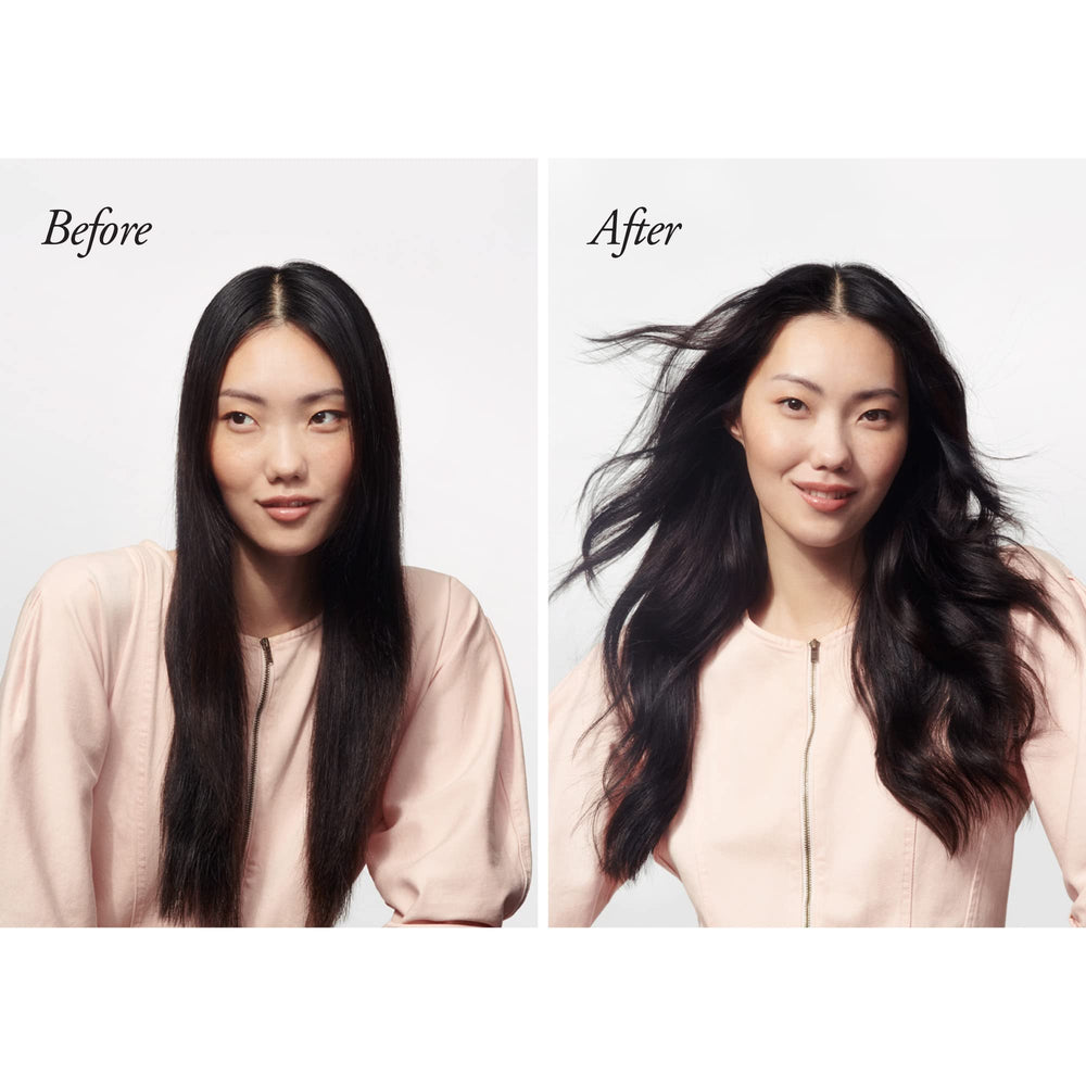 Oribe before and after frizz control showing smoother hair instantly