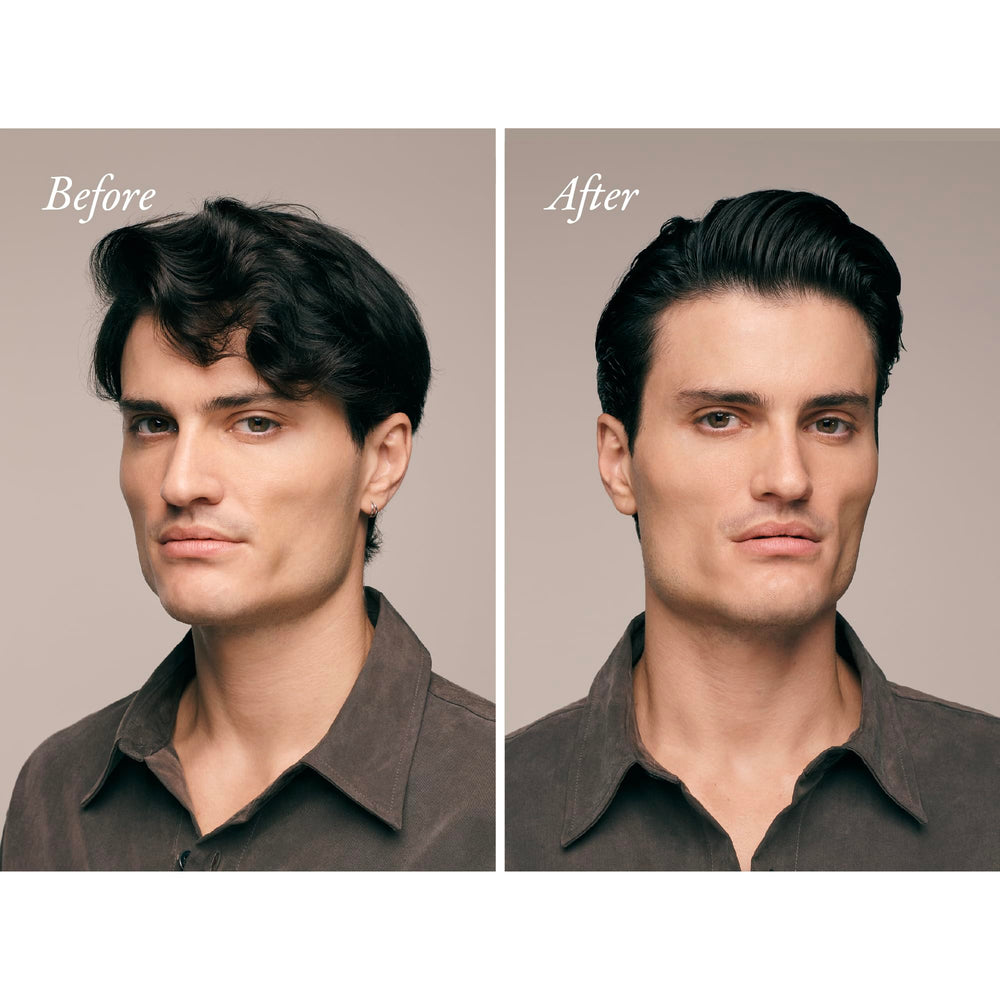 Model applying Oribe serum to hair for controlled shine and frizz control