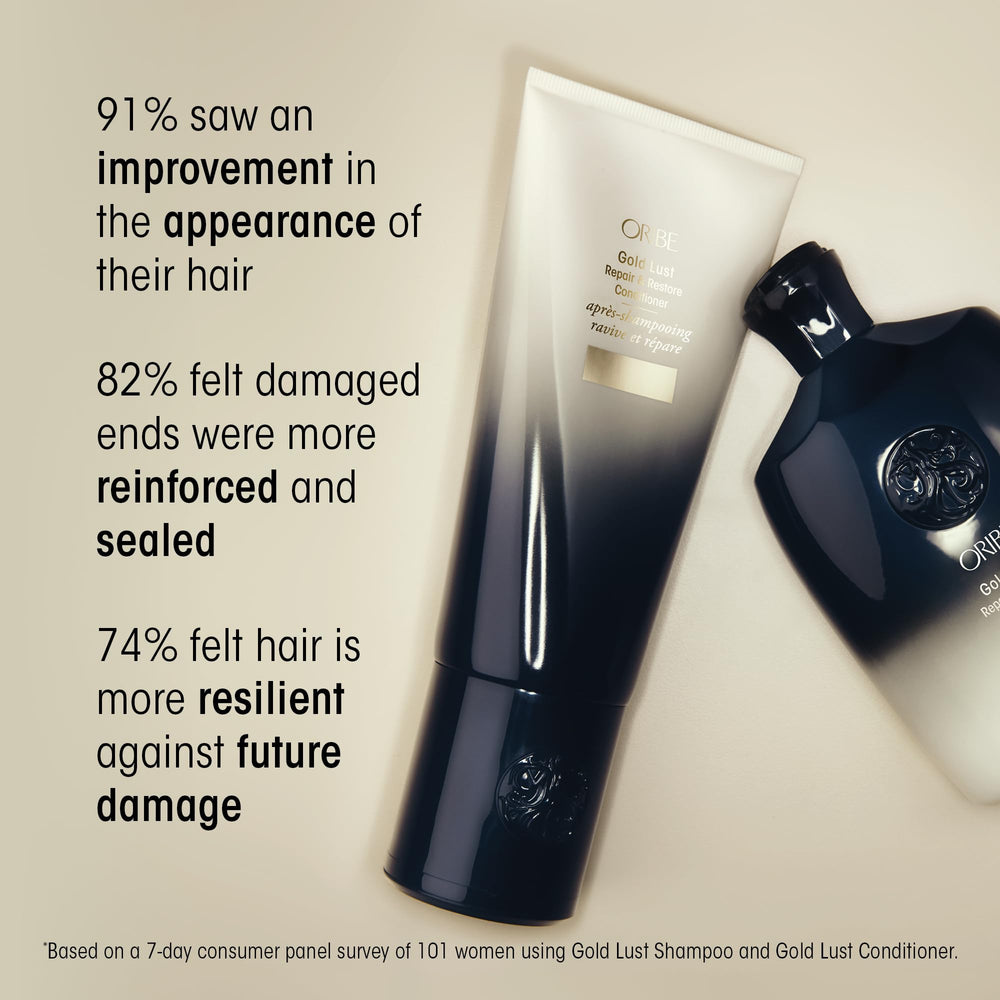 Oribe Gold Lust bottle beside argan and maracuja illustrating nourishing oils