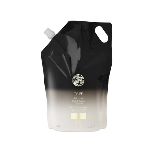 Oribe liter refill pouch front showing product and sustainable benefit
