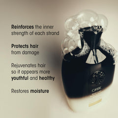 Oribe Gold Lust shampoo pump close-up highlighting easy dispensing and salon convenience