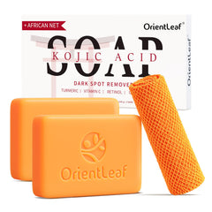 ORIENTLEAF front packaging showing two soap bars and sponge for convenient storage