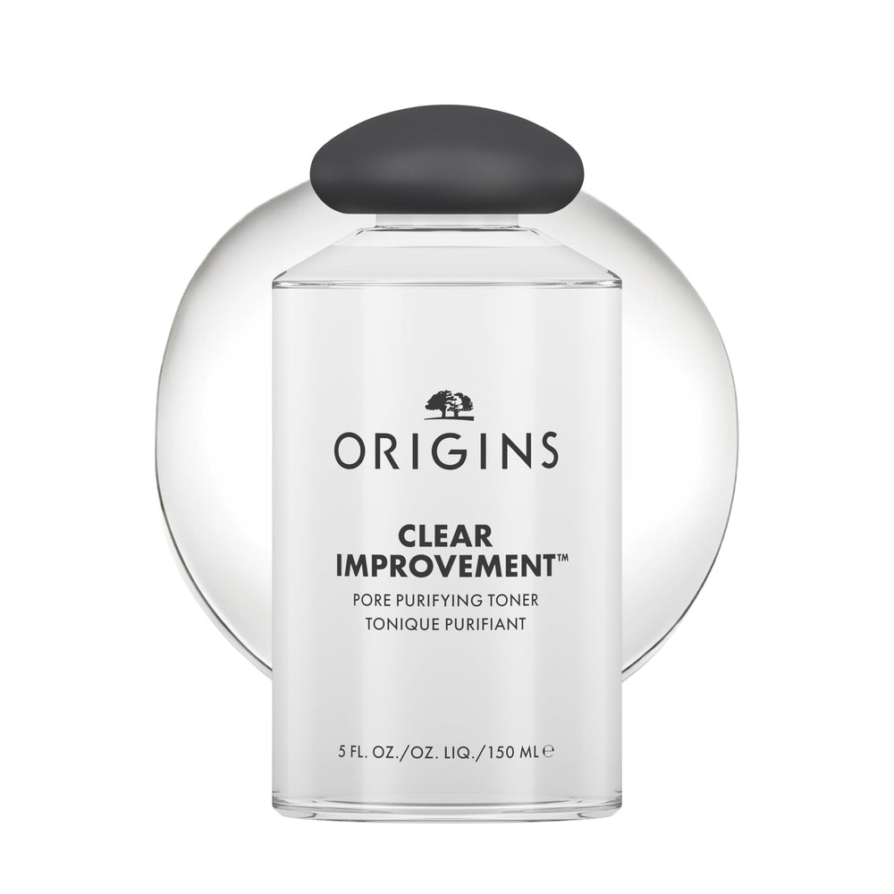 Origins bottle front view showing clear toner and packaging for oil control