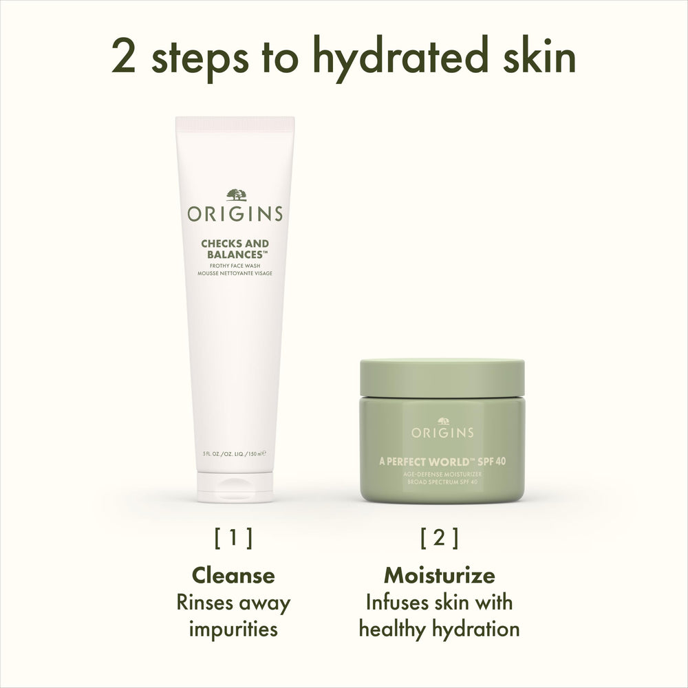Origins product beside hand for scale illustrating compact 1.7 fl oz size