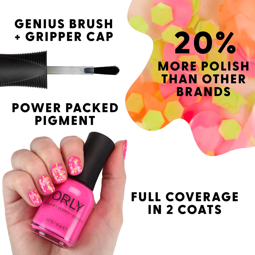 Swatch of Orly neon pink on wrist showing true color payoff and even opacity