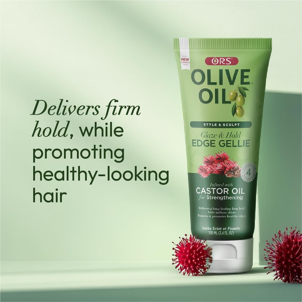 ORS edge gellie with castor oil bottle highlighting nourishing ingredient for softness