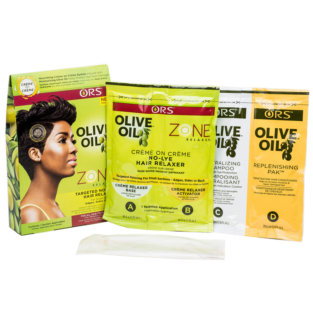 ORS Olive Oil Zone Relaxer after-treatment on styled hair showing smoother, shinier edges and manageability