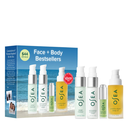 OSEA bestsellers set front packaging shows travel-size bottles for easy packing and gifting