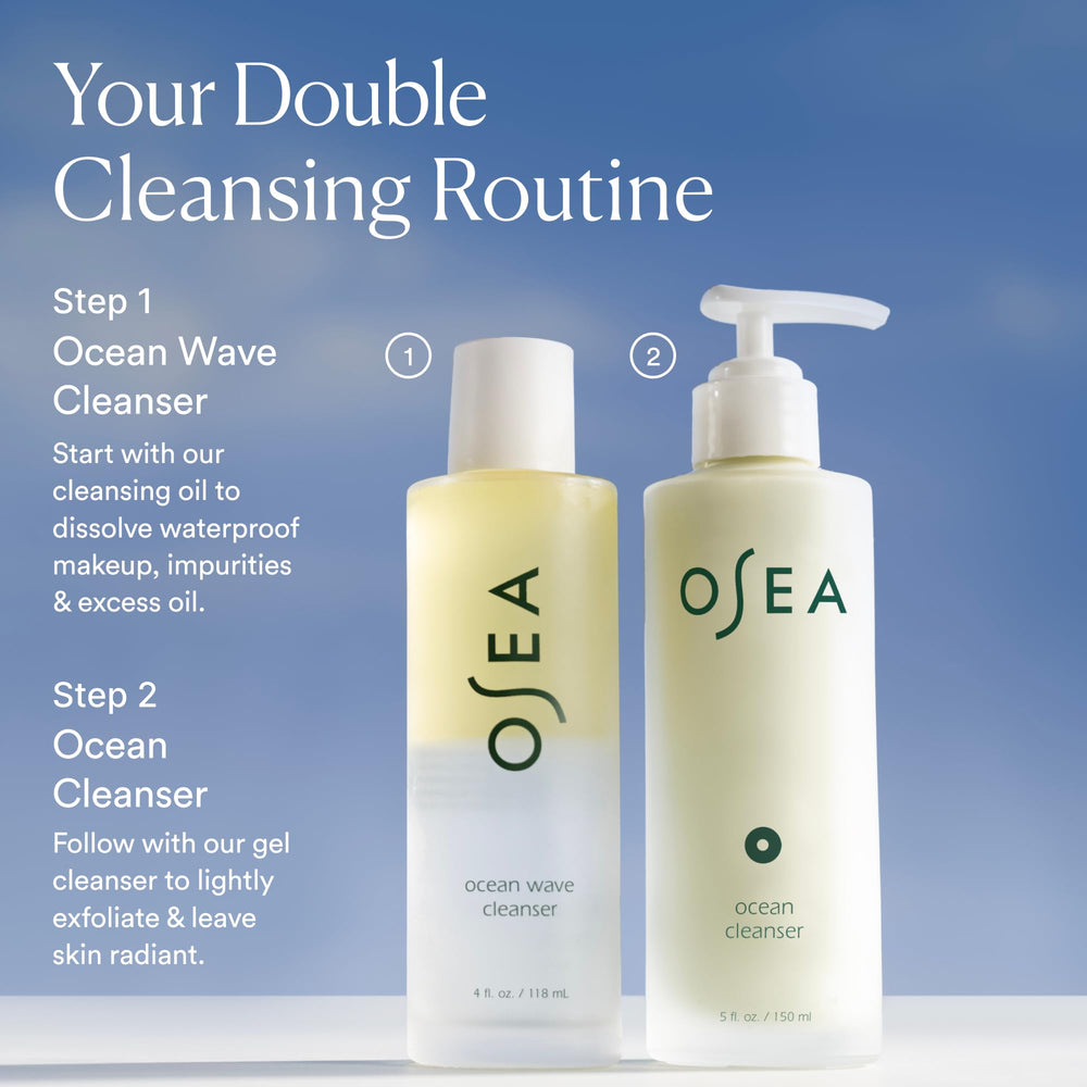 OSEA product on bathroom shelf in routine conveying refreshing cleanse ritual