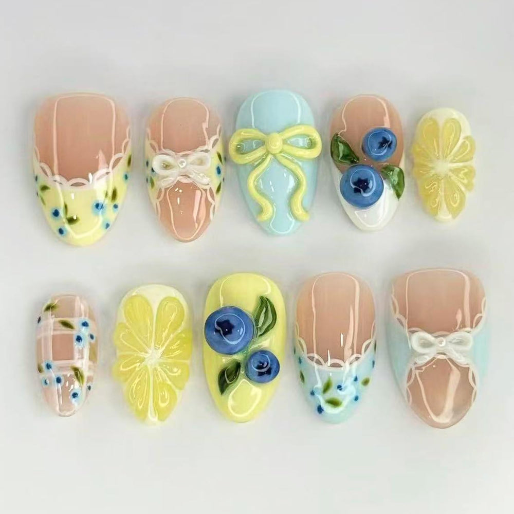 OSTTMA front packaging showing 30-piece blueberry floral nail set and quick benefits