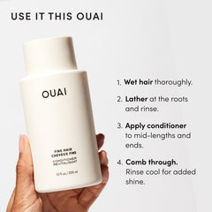 OUAI bottles on bathroom shelf suggesting effortless routine