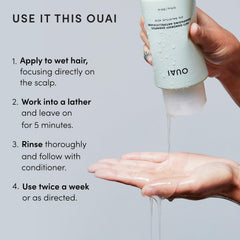 OUAI before and after scalp illustration indicating reduced flakes and soothed skin