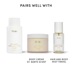 OUAI bottle on shower shelf showing easy rinse-off and non-greasy finish