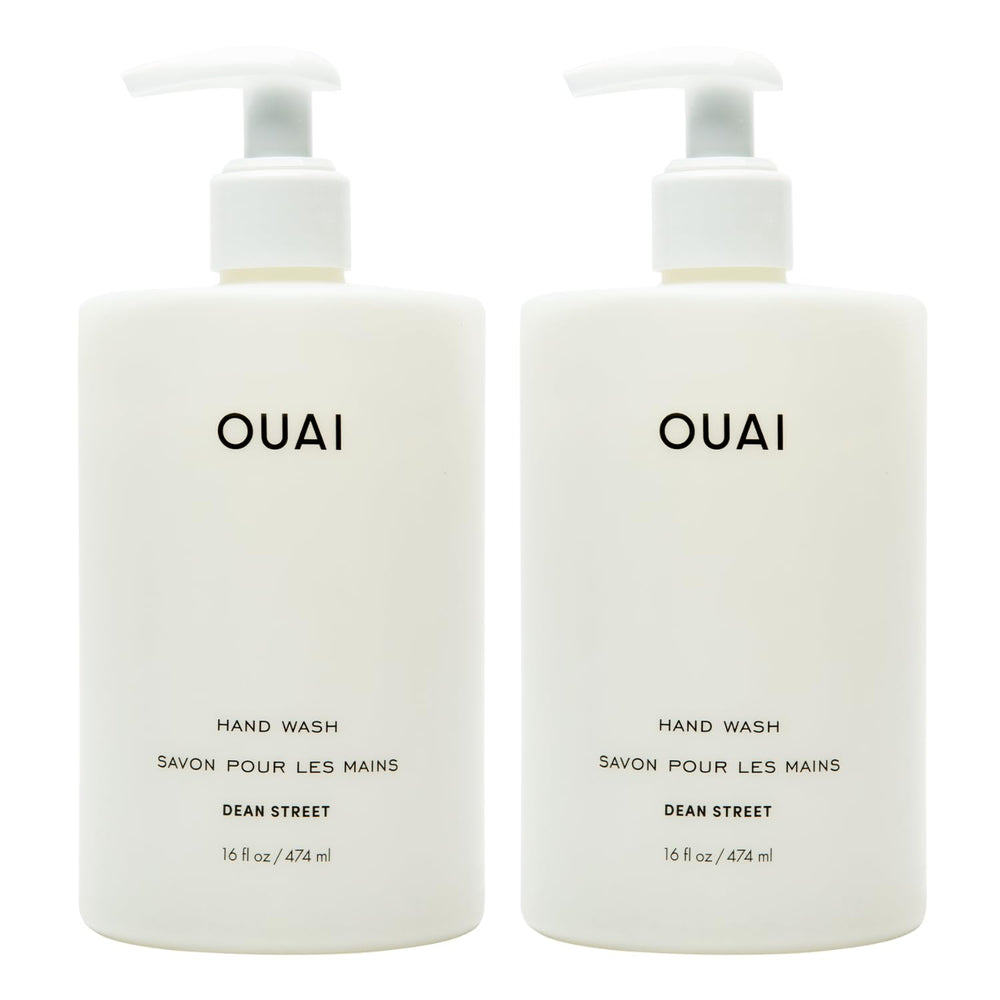 OUAI Dean Street front bottle view showing sleek label and pump, elegant bathroom appeal