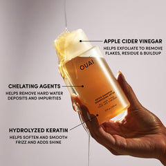 OUAI detox shampoo cap and pour close-up shows easy refill dispensing benefit