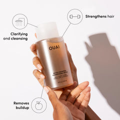 OUAI detox shampoo pouring texture close-up shows cleansing action benefit