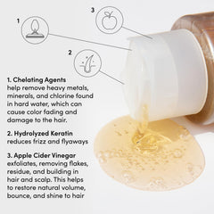OUAI detox shampoo label close-up shows apple cider vinegar and keratin benefits