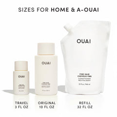 OUAI bottle beside chia seeds emphasizing natural chia oil for thicker-looking hair