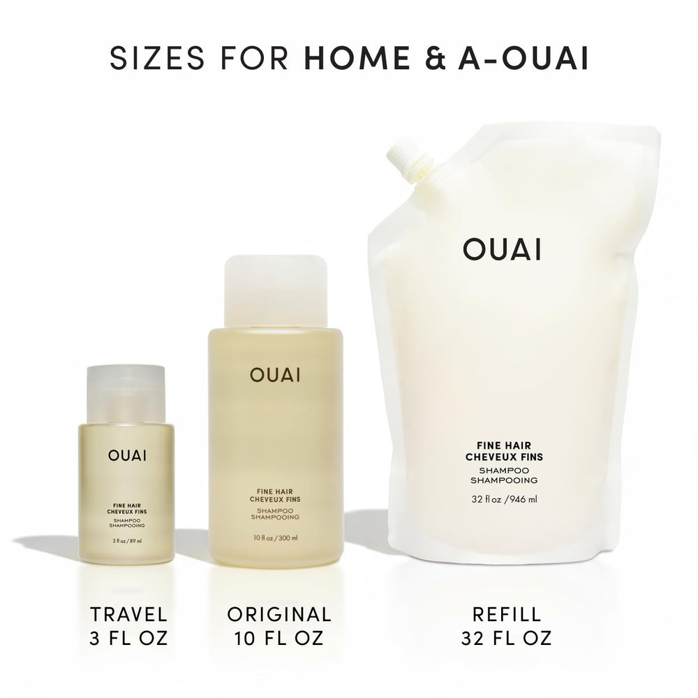 OUAI shampoo styled on bathroom shelf, lifestyle image showing daily use