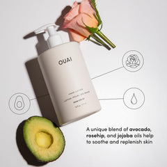 OUAI hand lotion texture closeup on skin highlighting quick-absorbing finish
