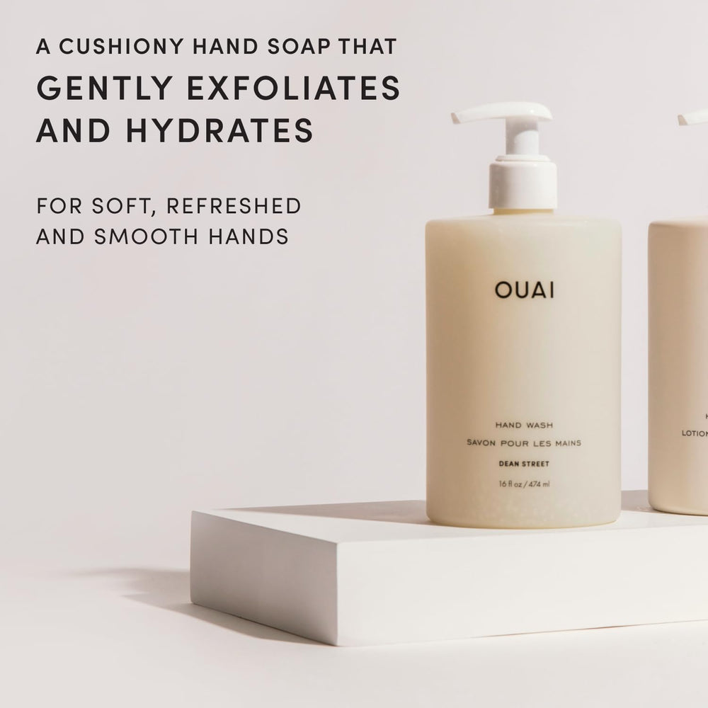 OUAI pump detail close-up showing reliable dispenser benefit: easy, no-drip use