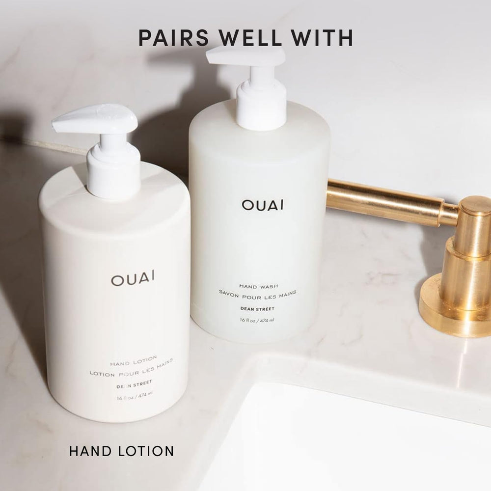 OUAI bottle beside a hand for scale showing 16 fl oz size benefit: family-friendly supply