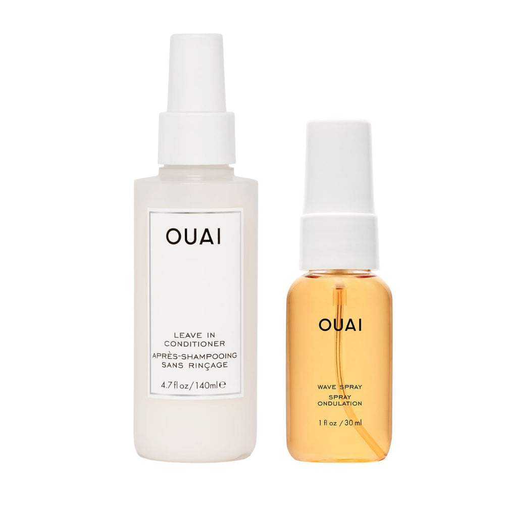 OUAI leave-in front packaging shows bottle and clear instructions for detangling benefits