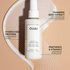 OUAI leave-in mist close-up illustrating fine spray for easy application and smooth combing