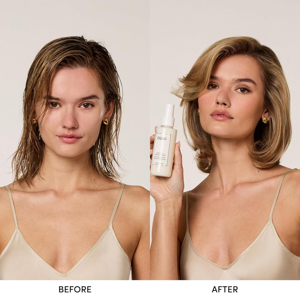 OUAI travel-size leave in conditioner compact bottle on a white background, perfect for on-the-go protection