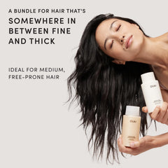 OUAI shampoo bottle closeup highlighting label and gentle sulfate-free benefit
