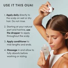 OUAI scalp serum packaging label close-up showing ingredient callouts
