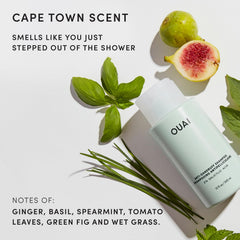OUAI shampoo bottle in shower showing easy application and rinse-off benefit
