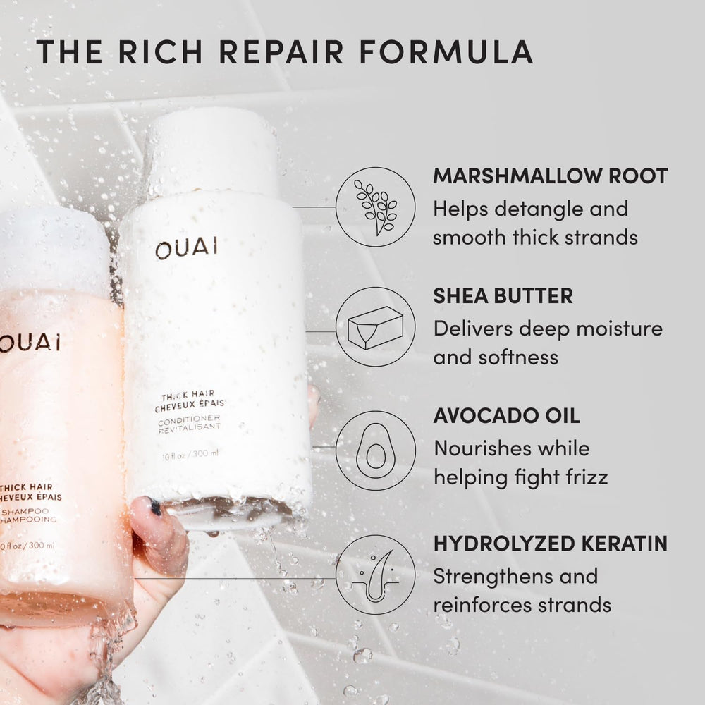 OUAI conditioner creamy pour showing moisturizing and detangling benefit