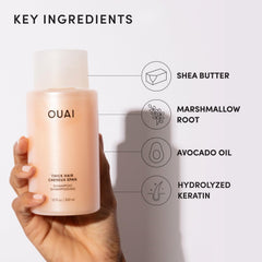 OUAI shampoo on bathroom shelf styled to suggest daily luxury use