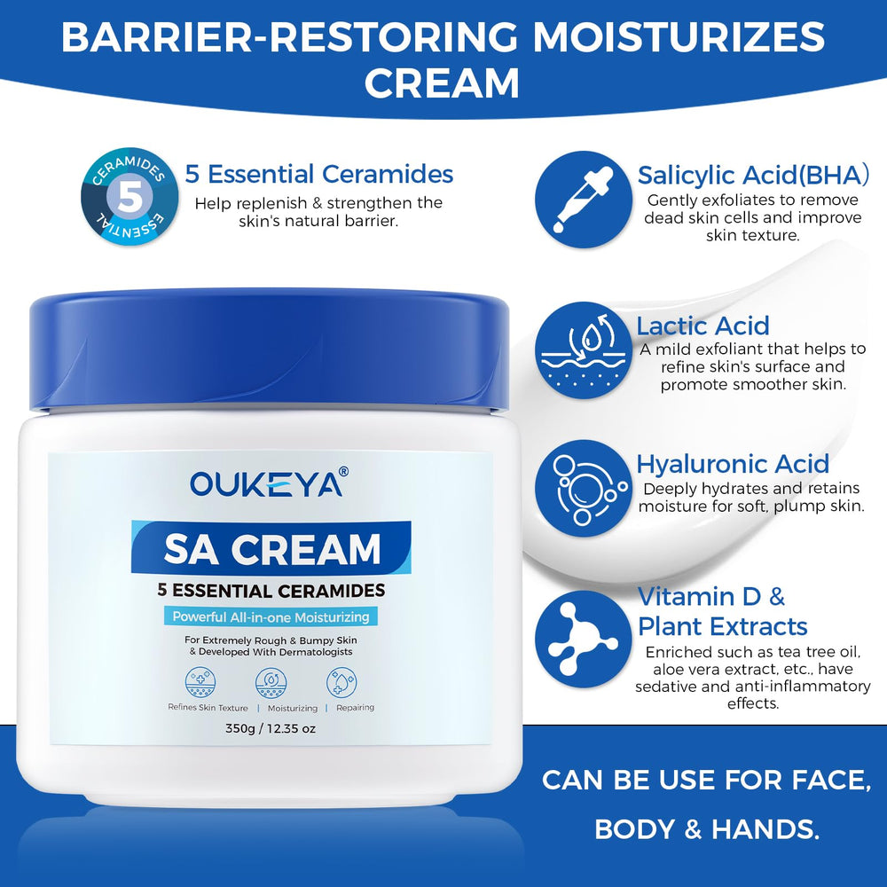Applying OUKEYA cream on forearm to smooth rough, bumpy dry skin