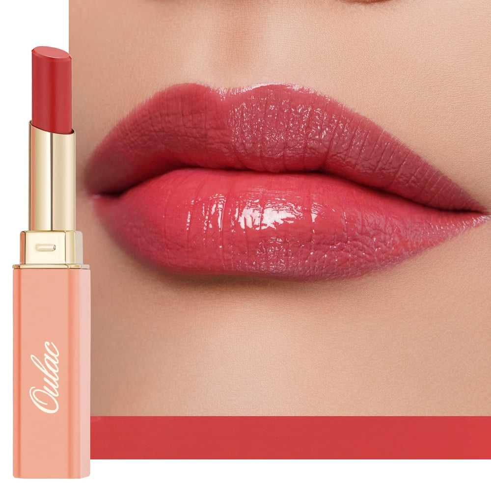 Oulac apple red front compact showing sleek tube and glossy cap benefit travel-ready
