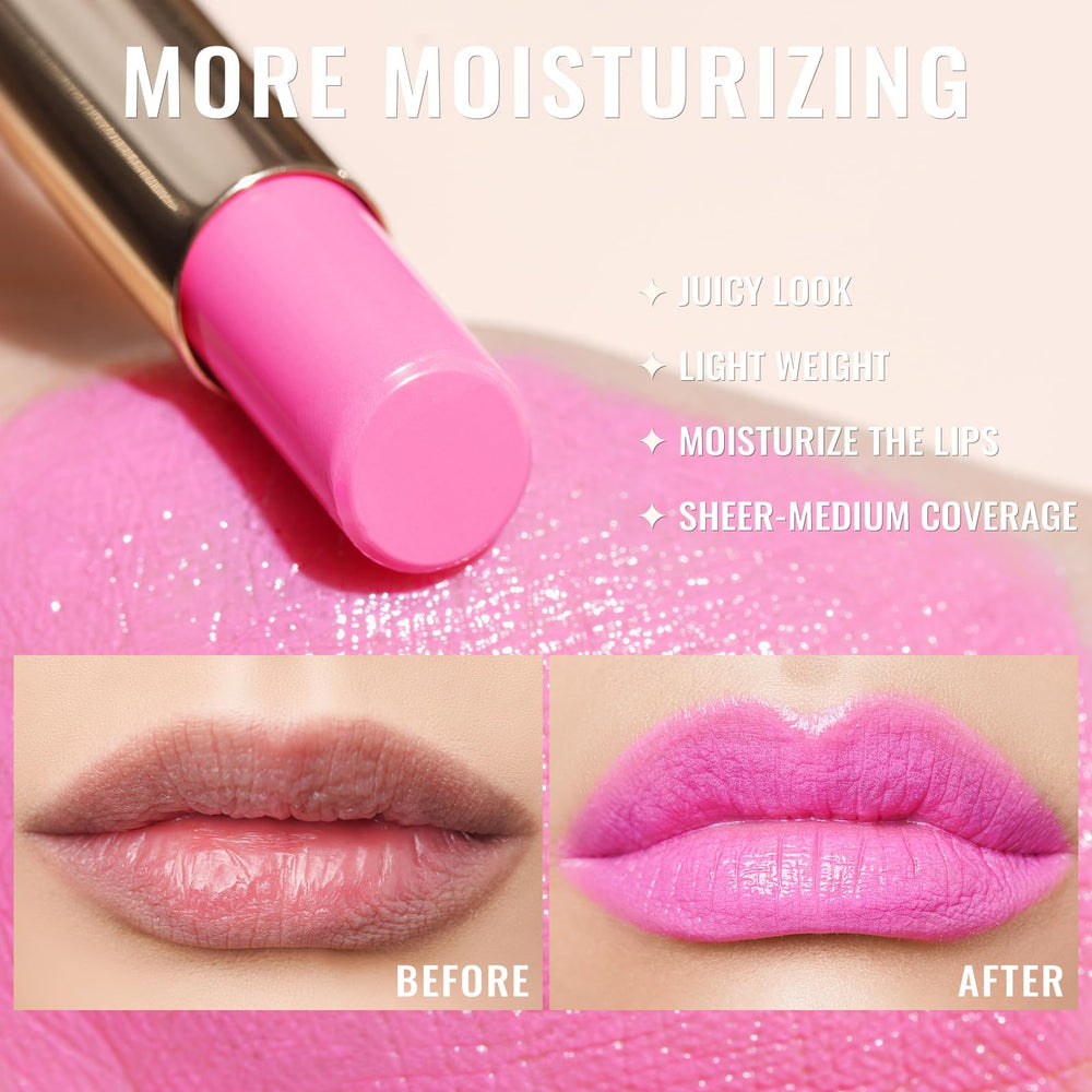 Oulac on lips full-face view demonstrating juicy shine and color payoff